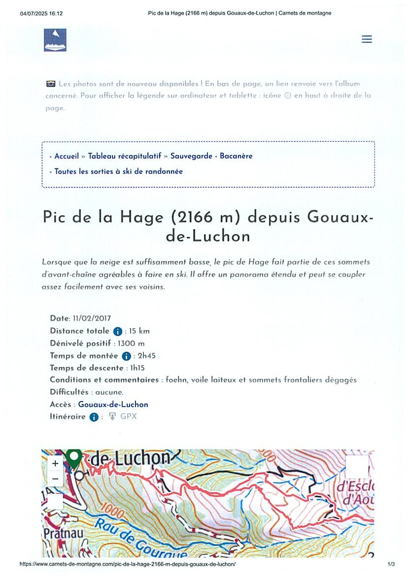 Pic de la hage avec descriptif et trace et courbes de niveau 08 juillet 2025